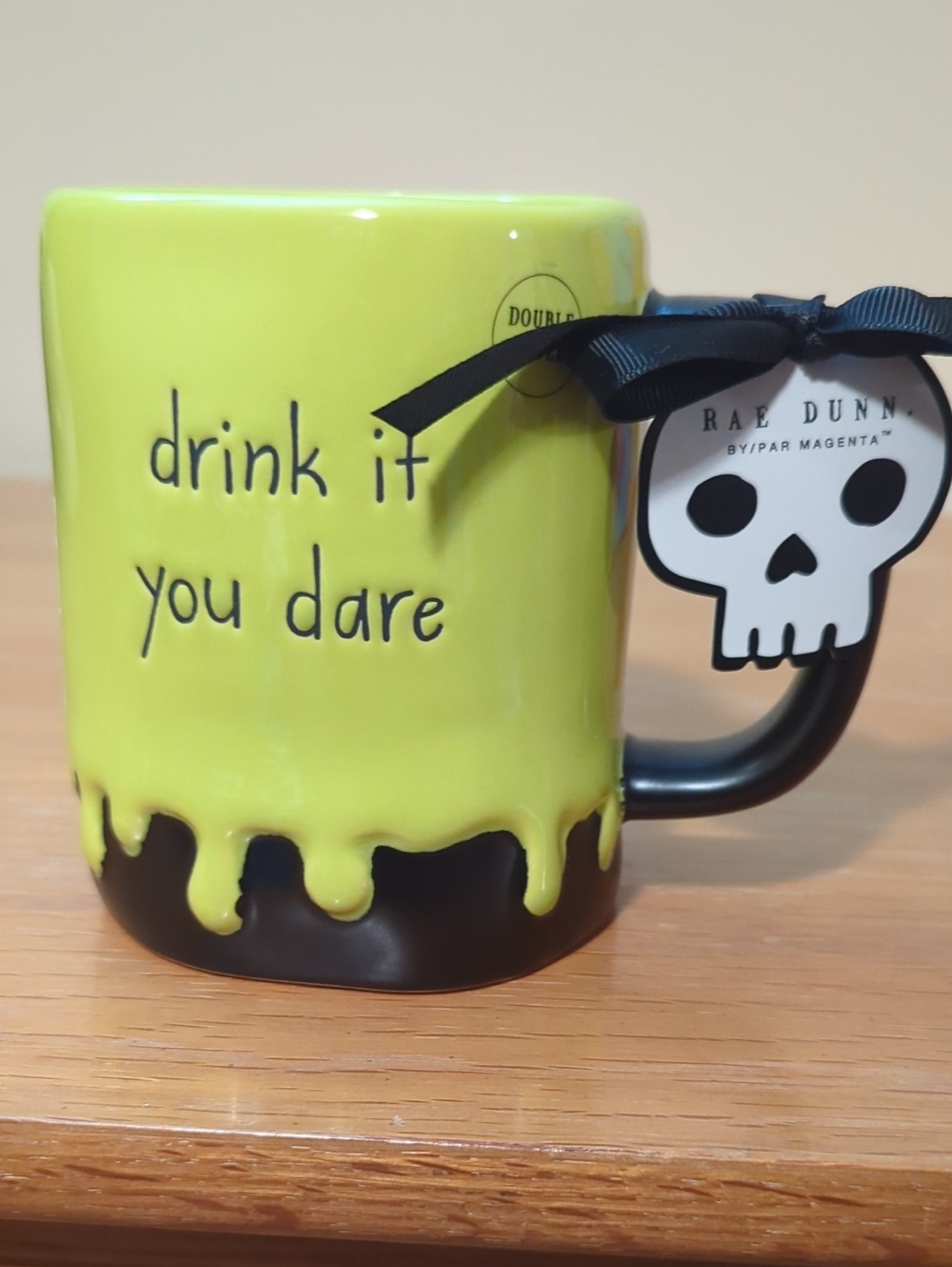 Rae Dunn Neon Yellow & Black 'drink it you dare' Halloween Mug